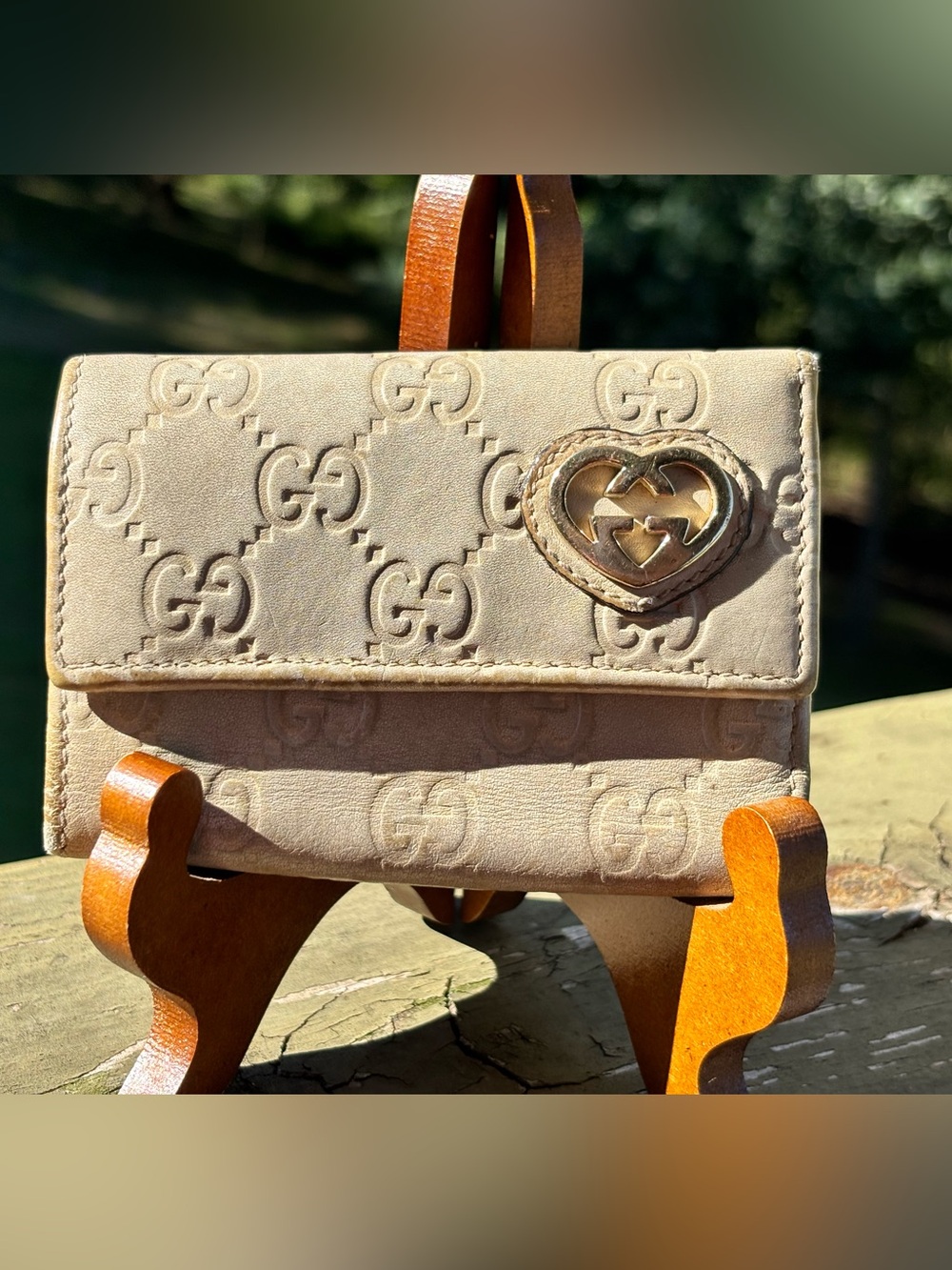Gucci Beige Embossed GG Mini key wallet with Gold Heart Emblem